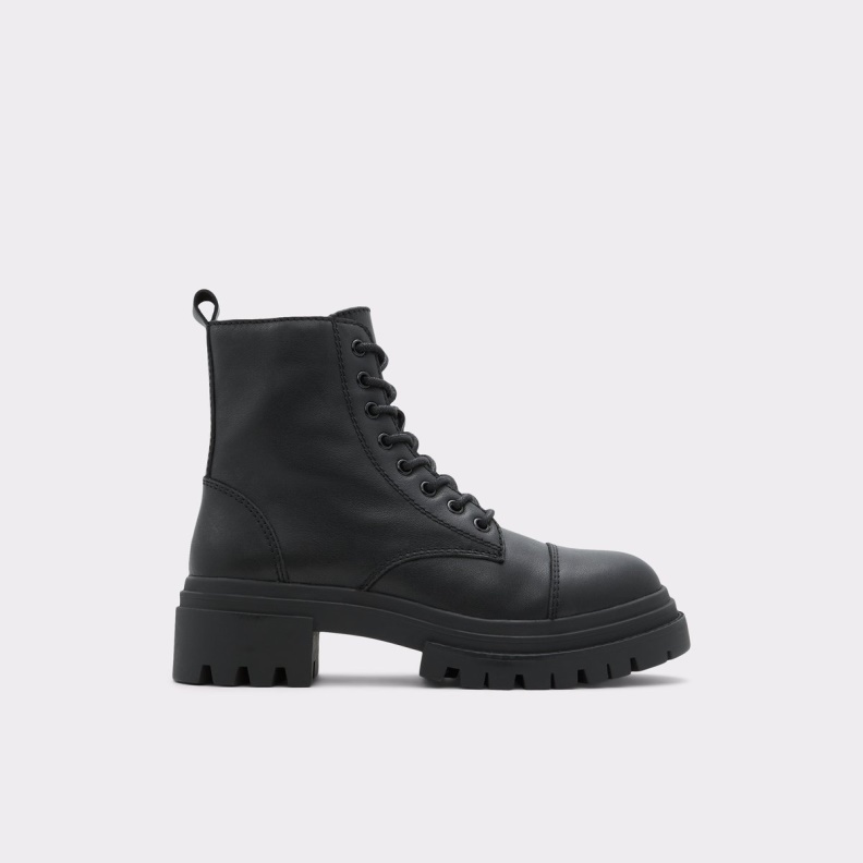 Aldo Black Leather Smooth Fashion Bigmark Combat Boots Lug Sole