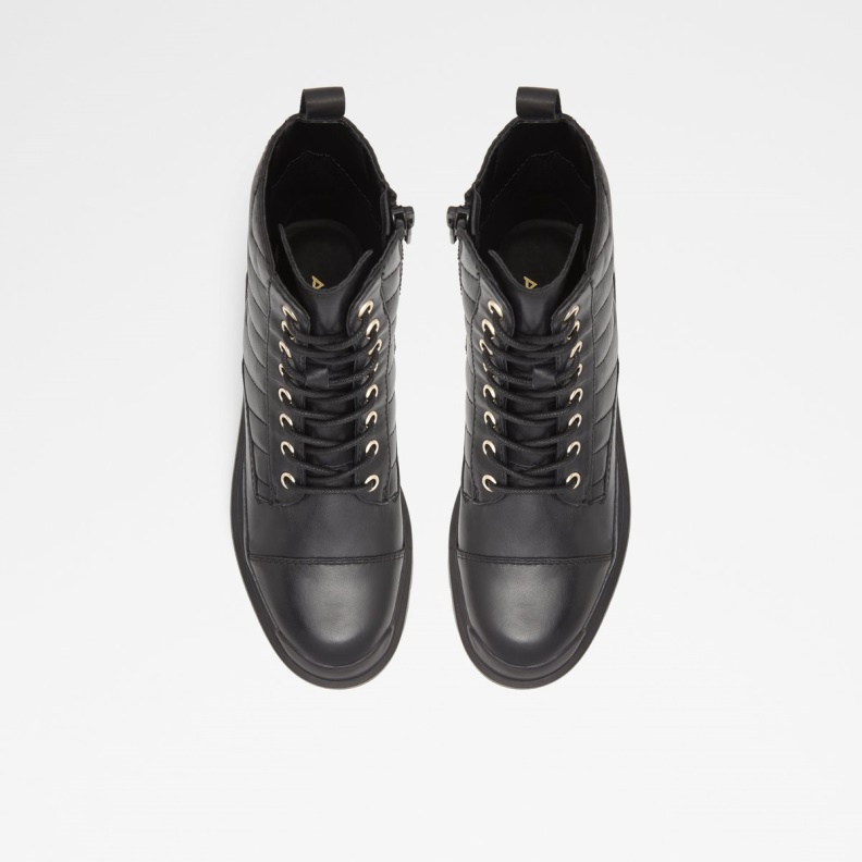 Fashion Aldo Black Leather Smooth Quilt Combat Ankle Boot Lug Sole