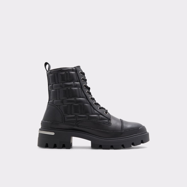Fashion Aldo Black Leather Smooth Quilt Combat Boots Lug Sole
