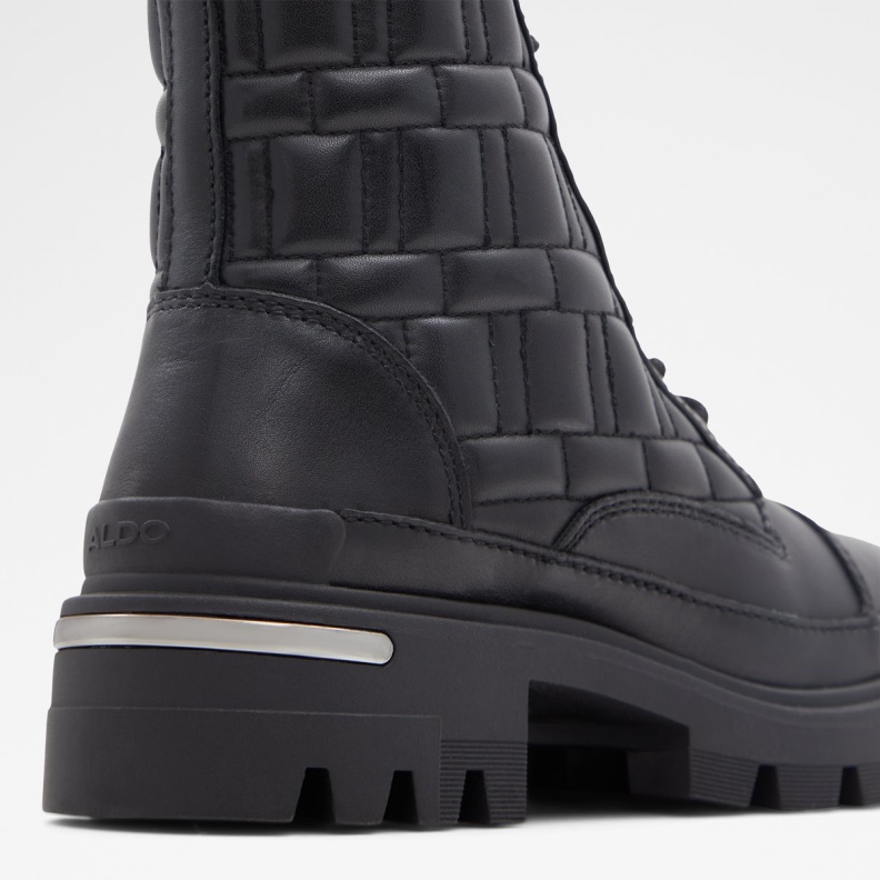 Fashion Black Leather Smooth Aldo Quilt Combat Boots Lug Sole