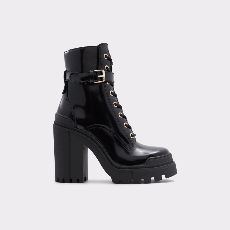 Black Leather Shiny Fashion Aldo Uplift Combat Boots Lug Sole