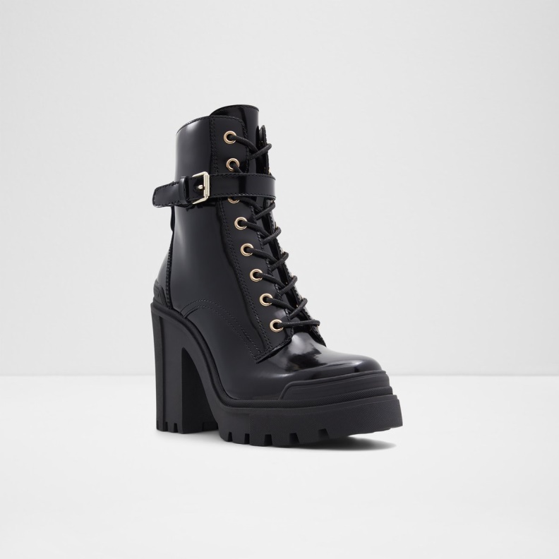 Black Leather Shiny Fashion Aldo Uplift Combat Boots Lug Sole