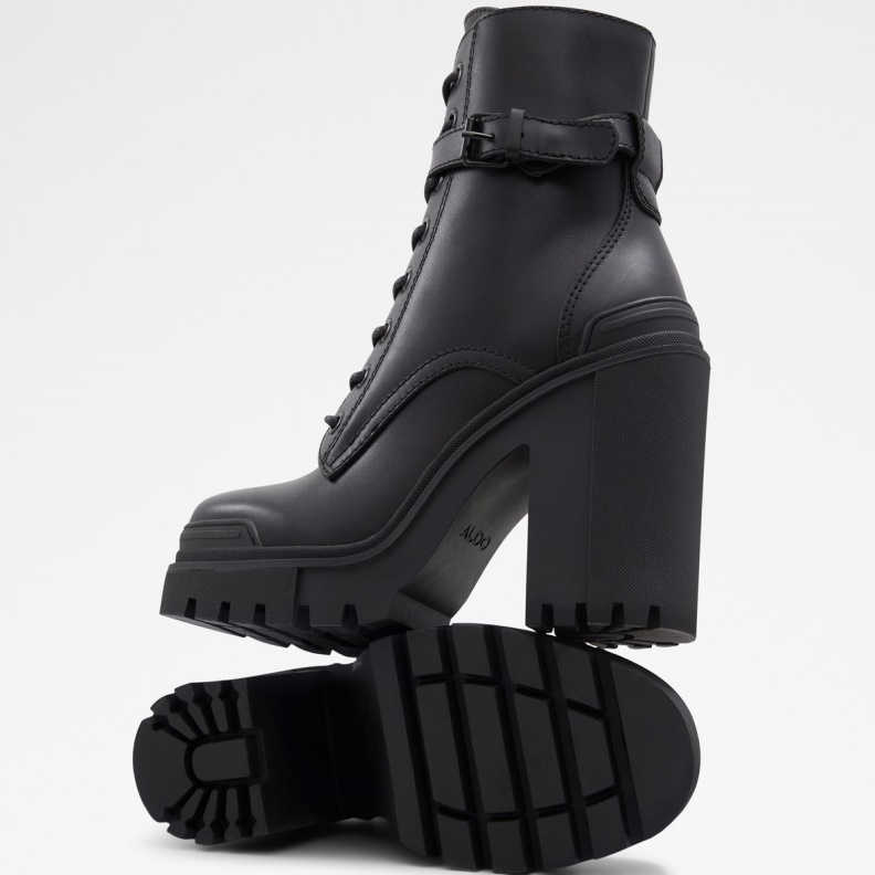 Fashion Aldo Uplift Combat Boots Lug Sole Black Leather Smooth