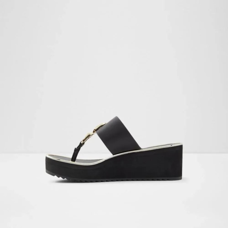 Fashion Aldo Black Toea Women's Thong Wedge Beach Sandal