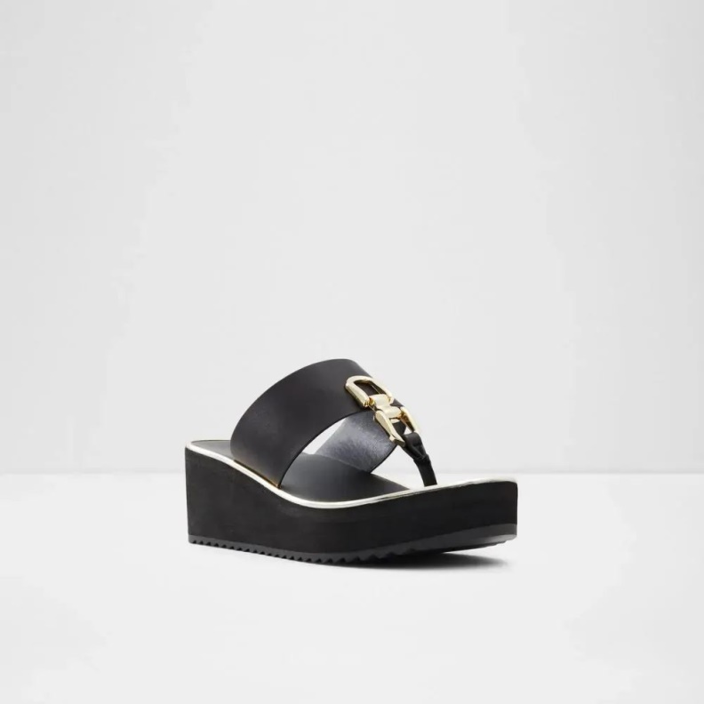 Fashion Aldo Black Toea Women's Thong Wedge Beach Sandal